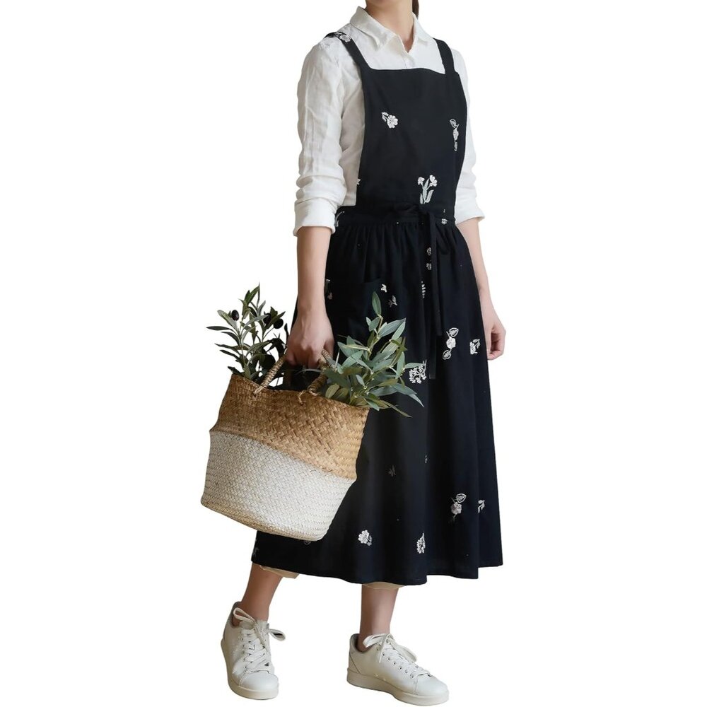 Japanese Cotton Linen Cross Back Apron for Women with Pockets,Fashion Pinafore D